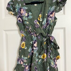 Francesca's Collections Olive Green Floral Wrap Romper